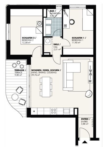 Floor plan: 69.63 m², 3 rooms, terrace 9.80 m²